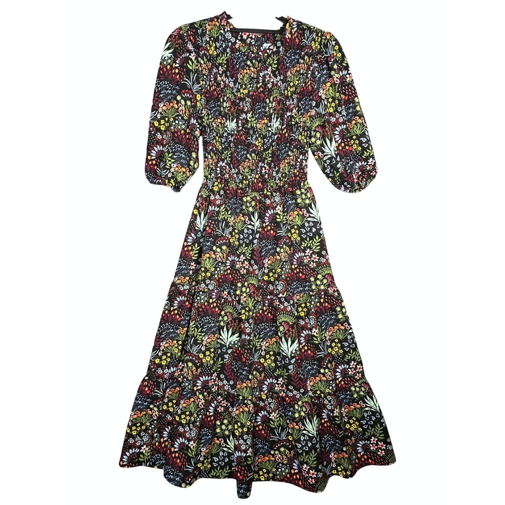 Baltic Born Lena Tiered Midi Dress Floral Black XS Cottagecore Wedding Guest - Picture 2 of 13